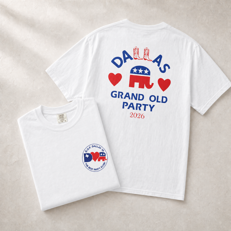 Dallas ♥ GOP + Boots 2-Sided Tee — Front-Back Combo, White | Dallas Republican Convention