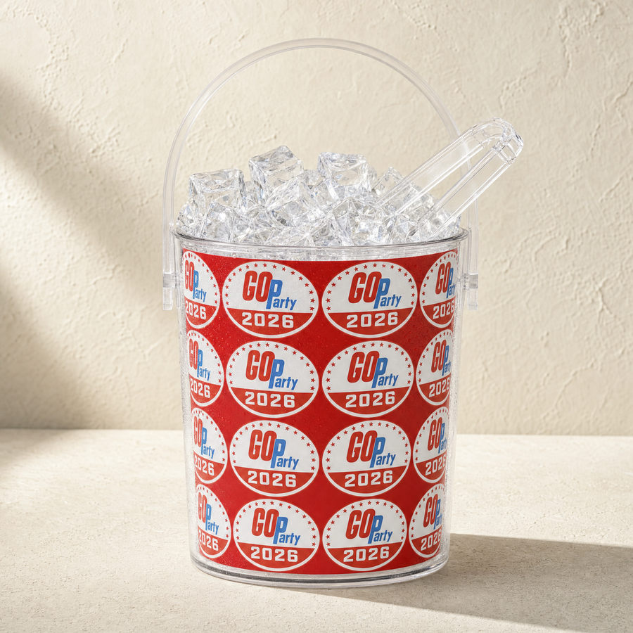GO-Party! 2026 Red Ice Bucket with Tongs — Front | Dallas Republican Convention