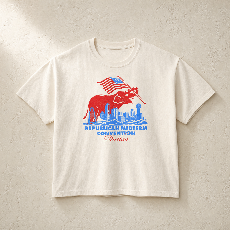 Elephant Flag Skyline Boxy Tee — Front, Ivory | Dallas Republican Convention