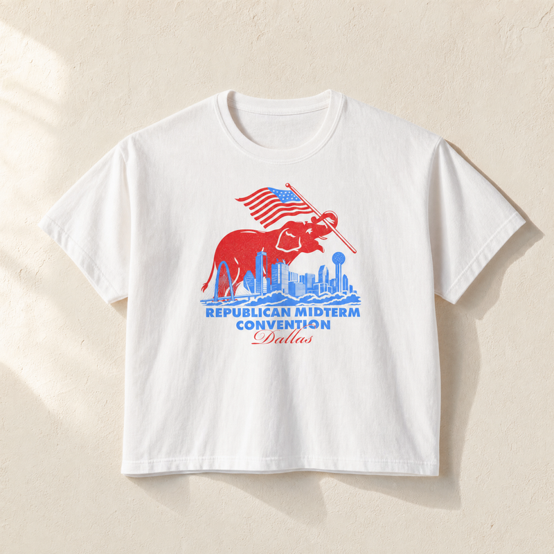 Elephant Flag Skyline Boxy Tee — Front, White | Dallas Republican Convention
