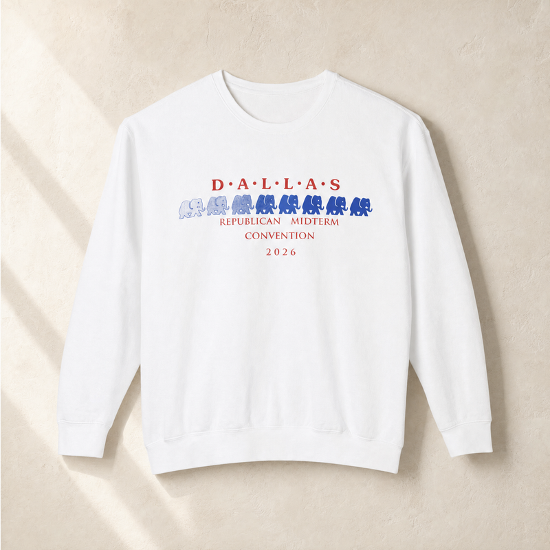 Dallas Blue Elephant Crewneck — Front, White | Dallas Republican Convention