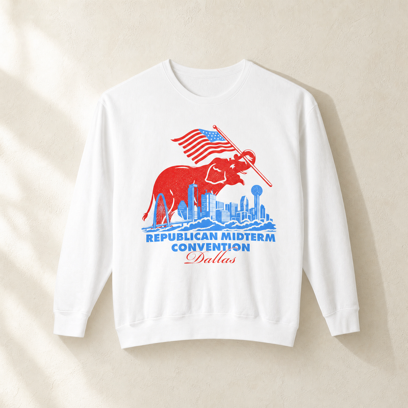 Dallas Elephant Skyline Crewneck — Front, White | Dallas Republican Convention