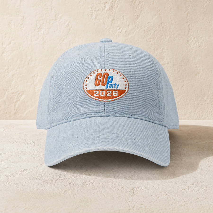 GO-Party! 2026 Embroidered Denim Dad Cap — Front, Denim Light Blue | Dallas Republican Convention