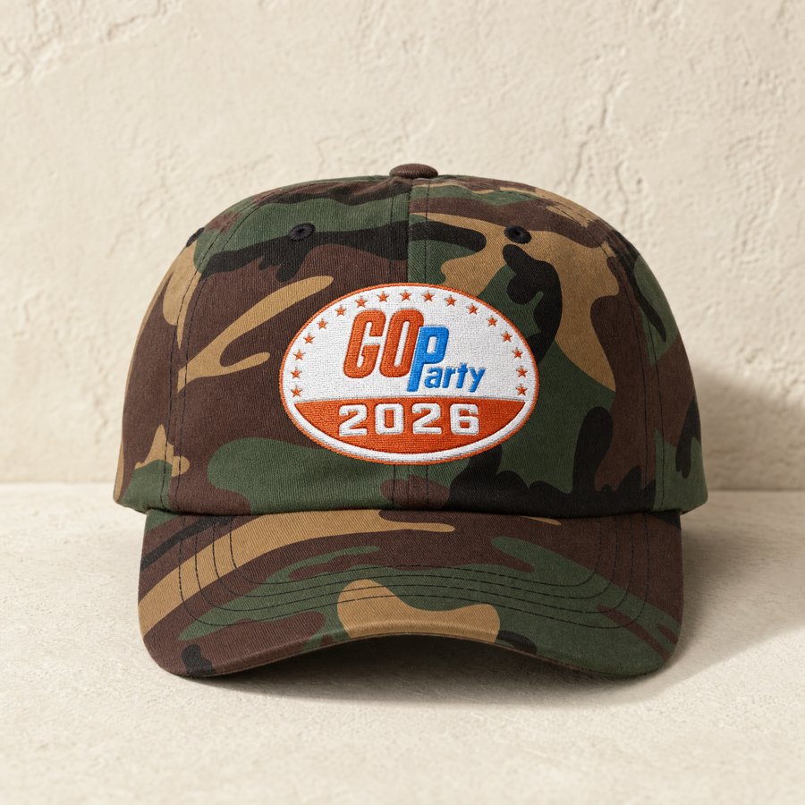 GO-Party! 2026 Embroidered Dad Cap — Front, Green Camo | Dallas Republican Convention
