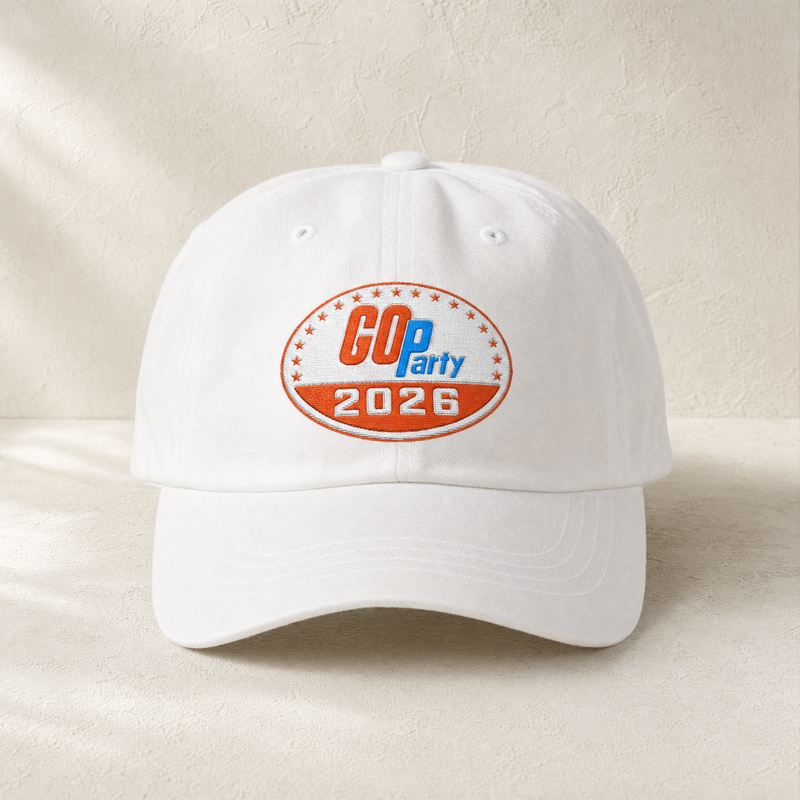 GO-Party! 2026 Embroidered Dad Cap — Front, White | Dallas Republican Convention